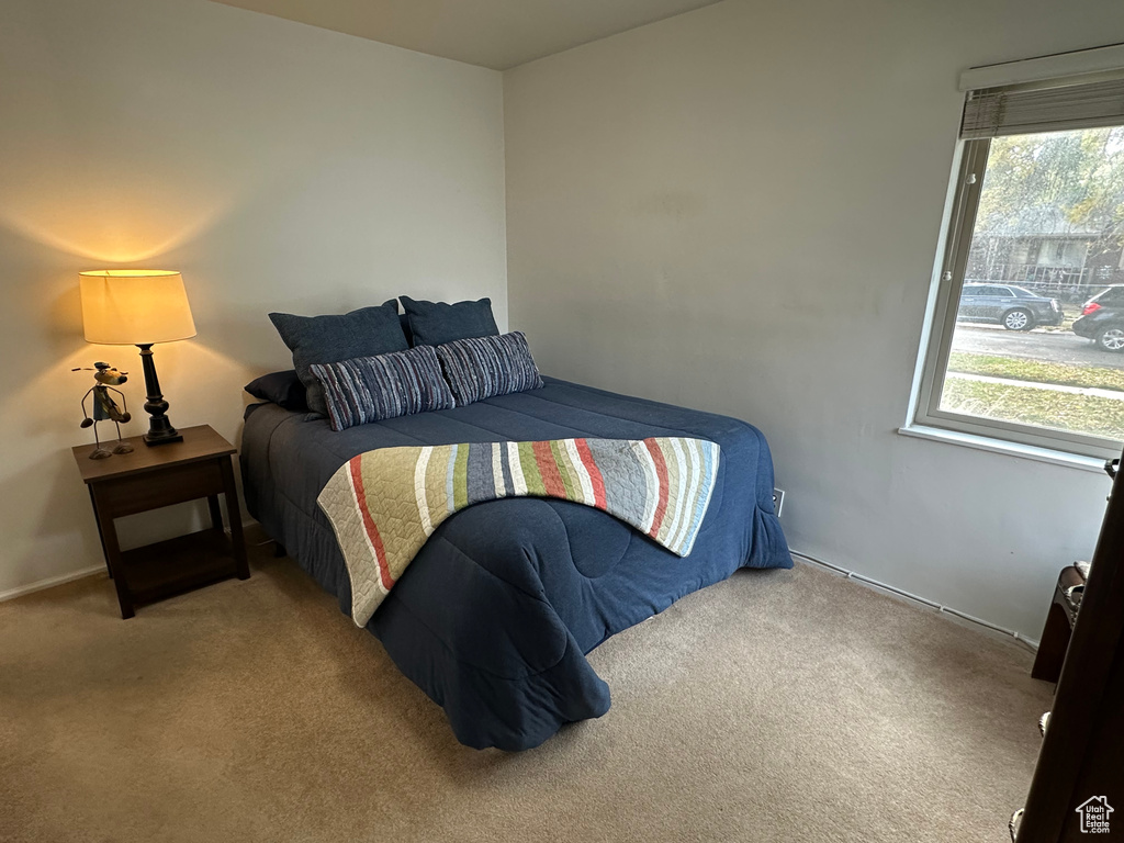 Bedroom with multiple windows and carpet floors