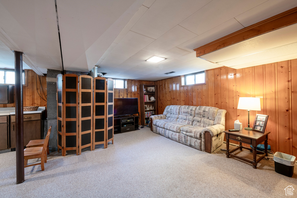 Living room featuring wooden walls and carpet flooring