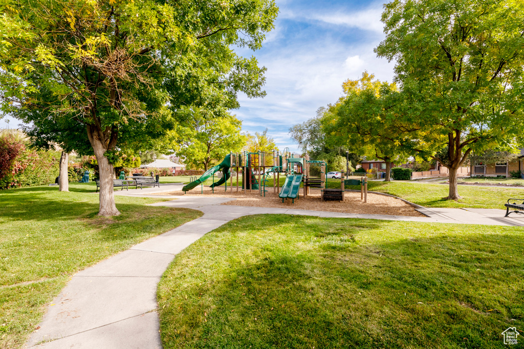 View of jungle gym featuring a yard