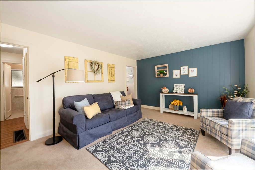 Living room with light carpet