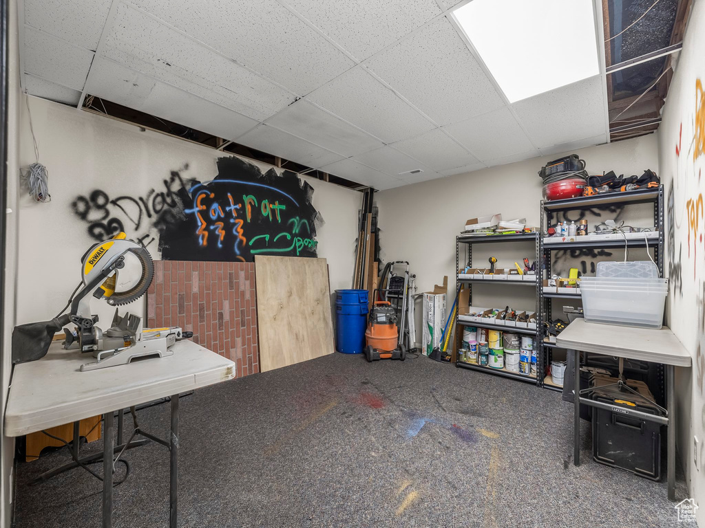 Interior space with a drop ceiling and carpet flooring