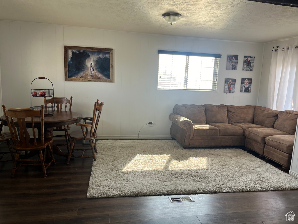 Living room with dark hardwood / wood-style floors and a textured ceiling