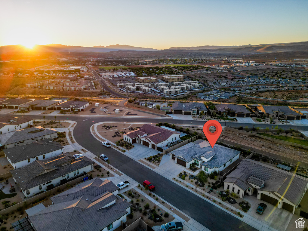 Aerial view at dusk with a mountain view