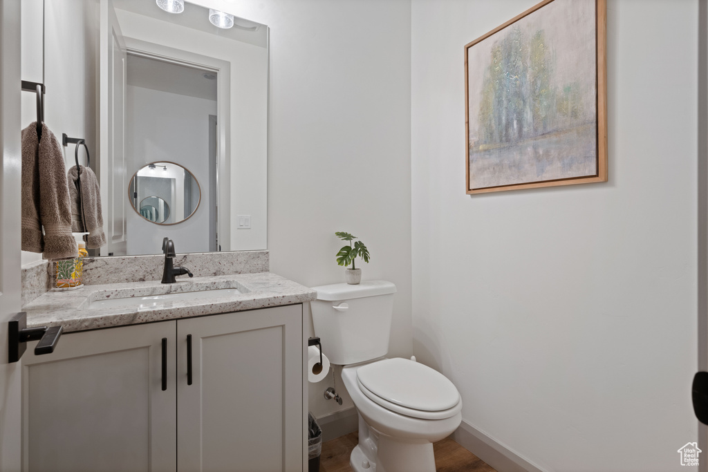 Bathroom featuring toilet, vanity, and wood-type flooring