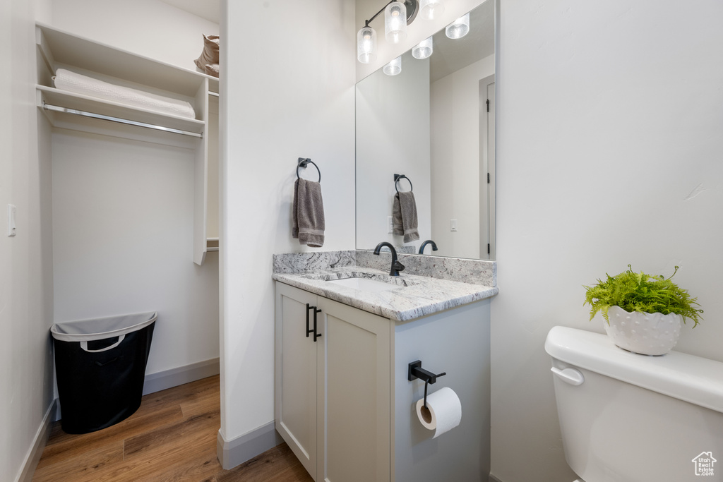 Bathroom with vanity, toilet, and hardwood / wood-style floors