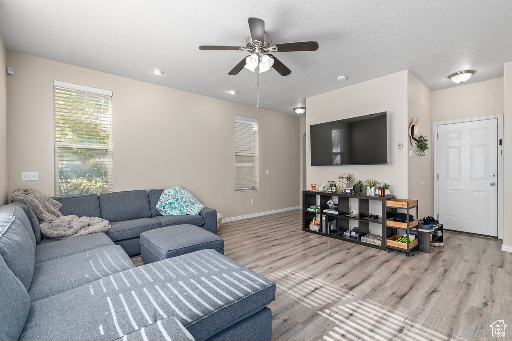 Living room featuring light hardwood / wood-style flooring, a textured ceiling, and ceiling fan