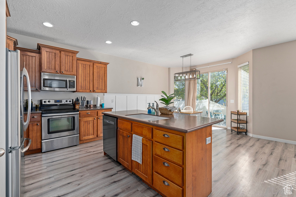 Kitchen with an island with sink, hanging light fixtures, sink, appliances with stainless steel finishes, and light hardwood / wood-style floors