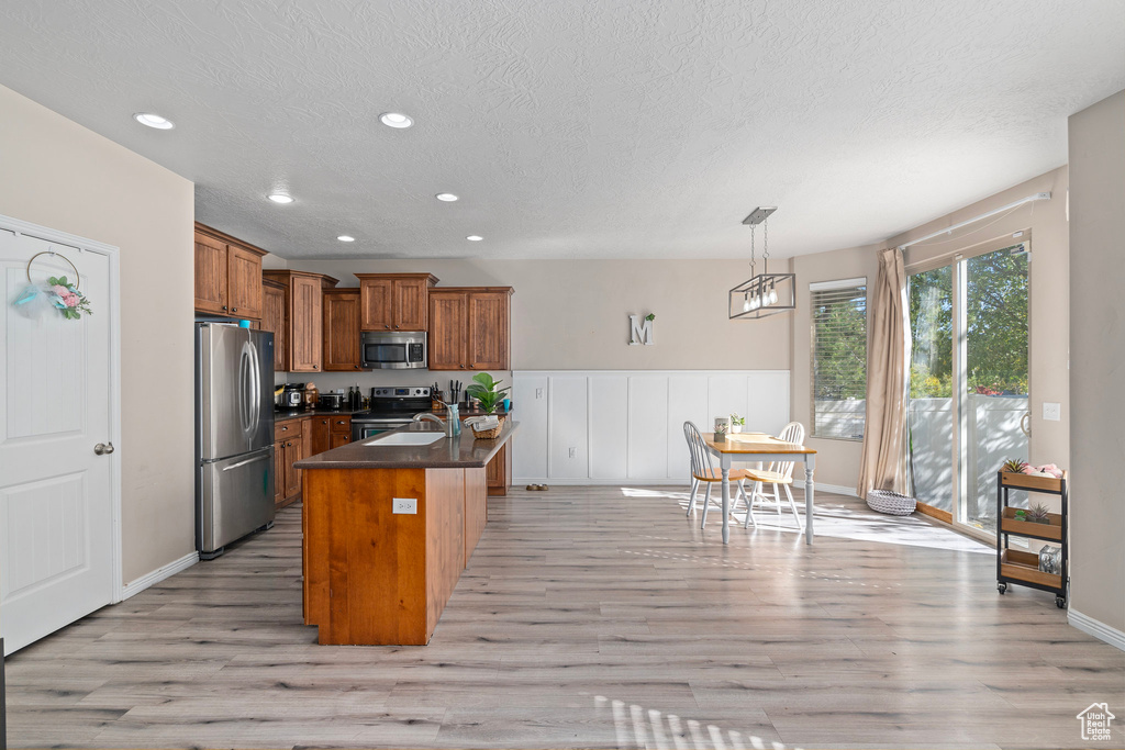 Kitchen with a center island with sink, pendant lighting, stainless steel appliances, and light wood-type flooring