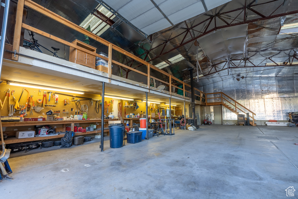 Garage featuring a workshop area