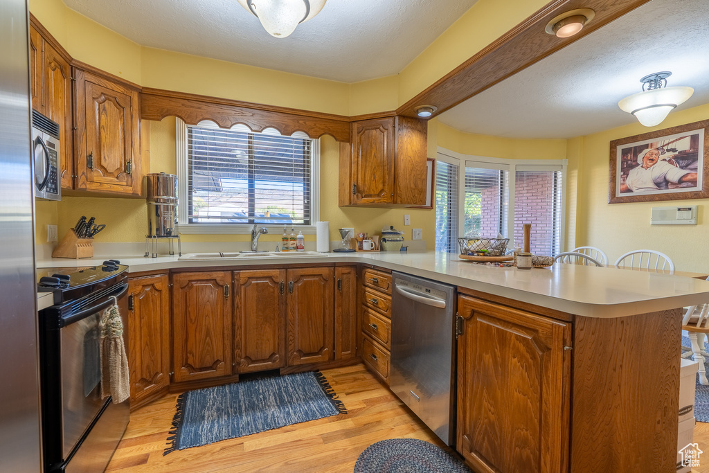 Kitchen with a healthy amount of sunlight, appliances with stainless steel finishes, light hardwood / wood-style flooring, and kitchen peninsula