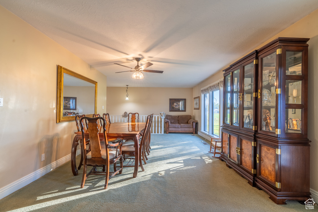 Dining area with carpet, a textured ceiling, and ceiling fan