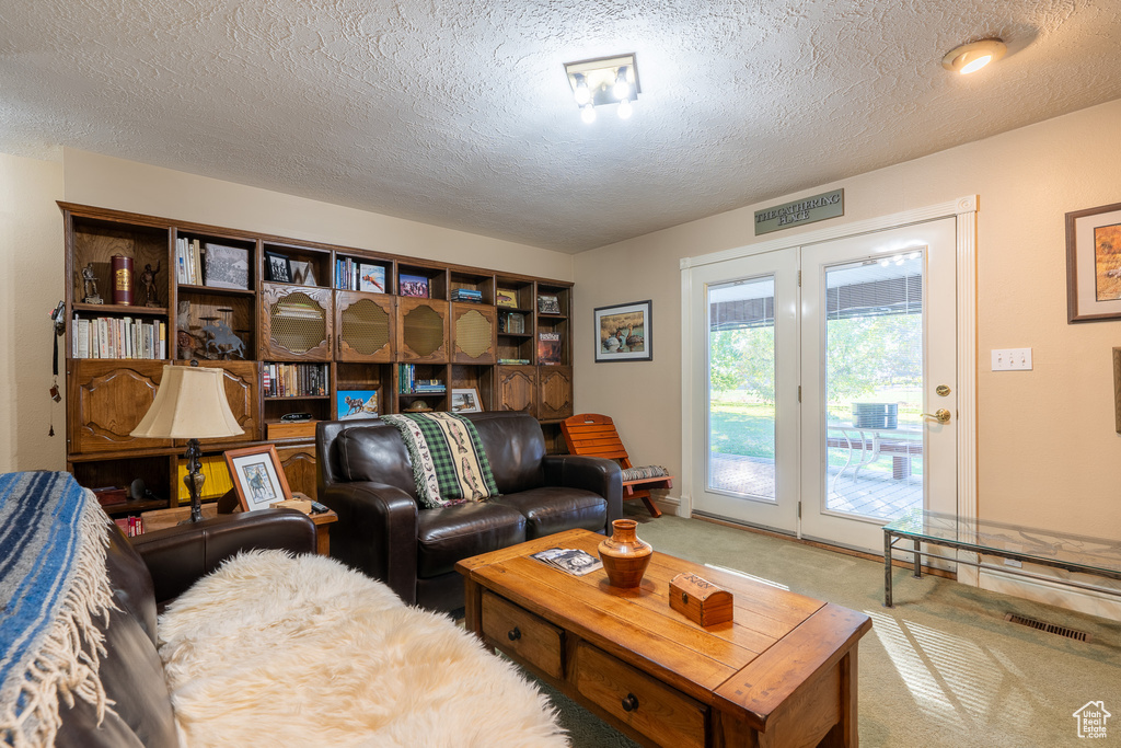 Living room with carpet flooring and a textured ceiling
