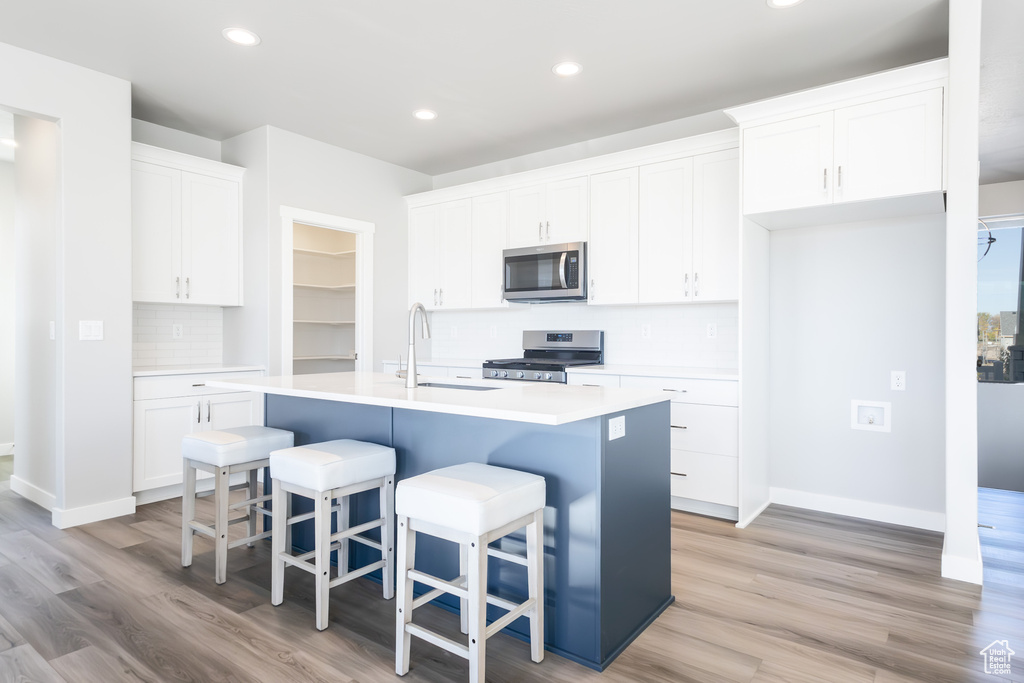 Kitchen featuring backsplash, appliances with stainless steel finishes, a sink, and light wood-style flooring