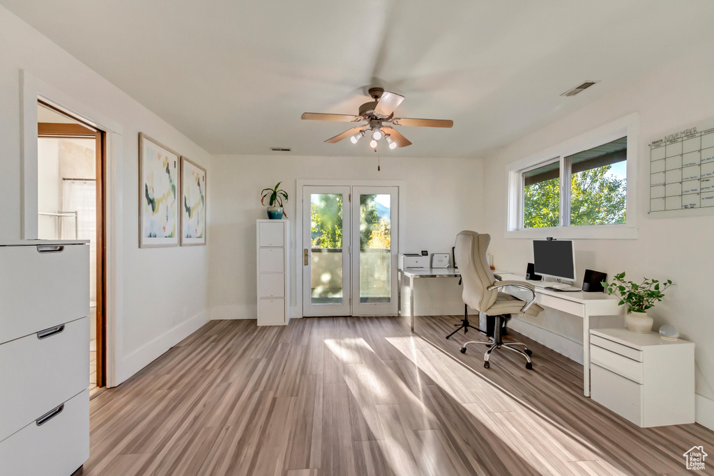 Office space with light hardwood / wood-style floors, a healthy amount of sunlight, and ceiling fan