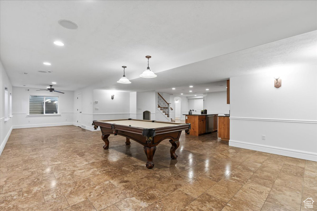 Playroom with billiards and ceiling fan