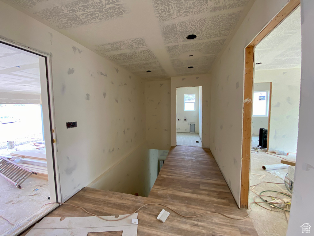 Hallway with hardwood / wood-style floors and a healthy amount of sunlight