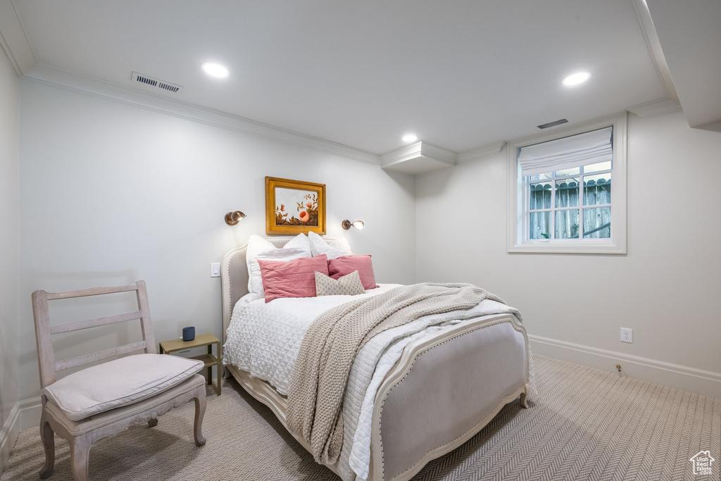 Bedroom with crown molding and carpet flooring