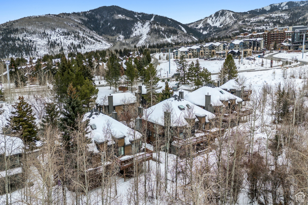 Snowy aerial view with a residential view and a mountain view