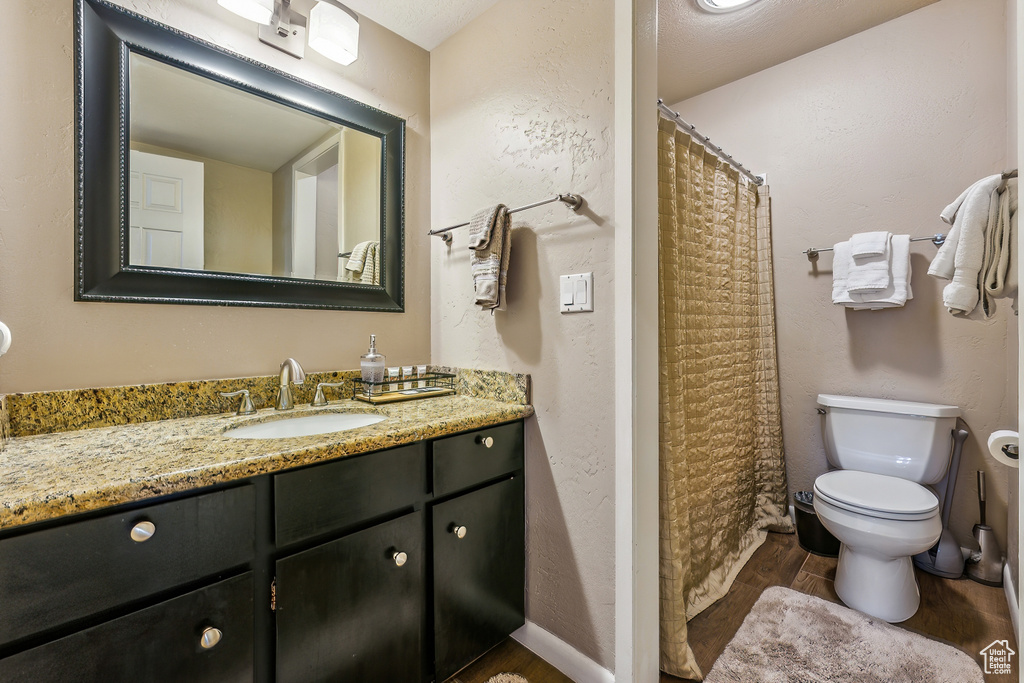 Bathroom with toilet, wood finished floors, baseboards, vanity, and a textured wall