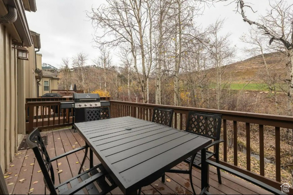 Deck featuring outdoor dining area and grilling area