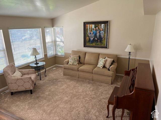 Living room featuring vaulted ceiling and carpet floors