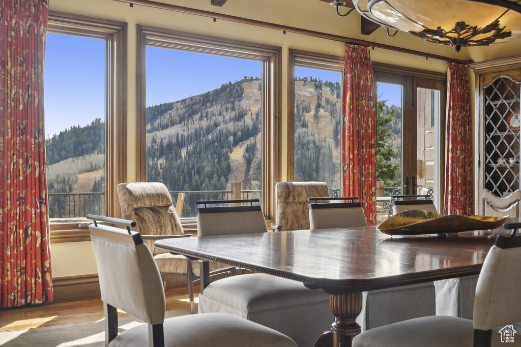 Dining room featuring a mountain view and light wood-type flooring