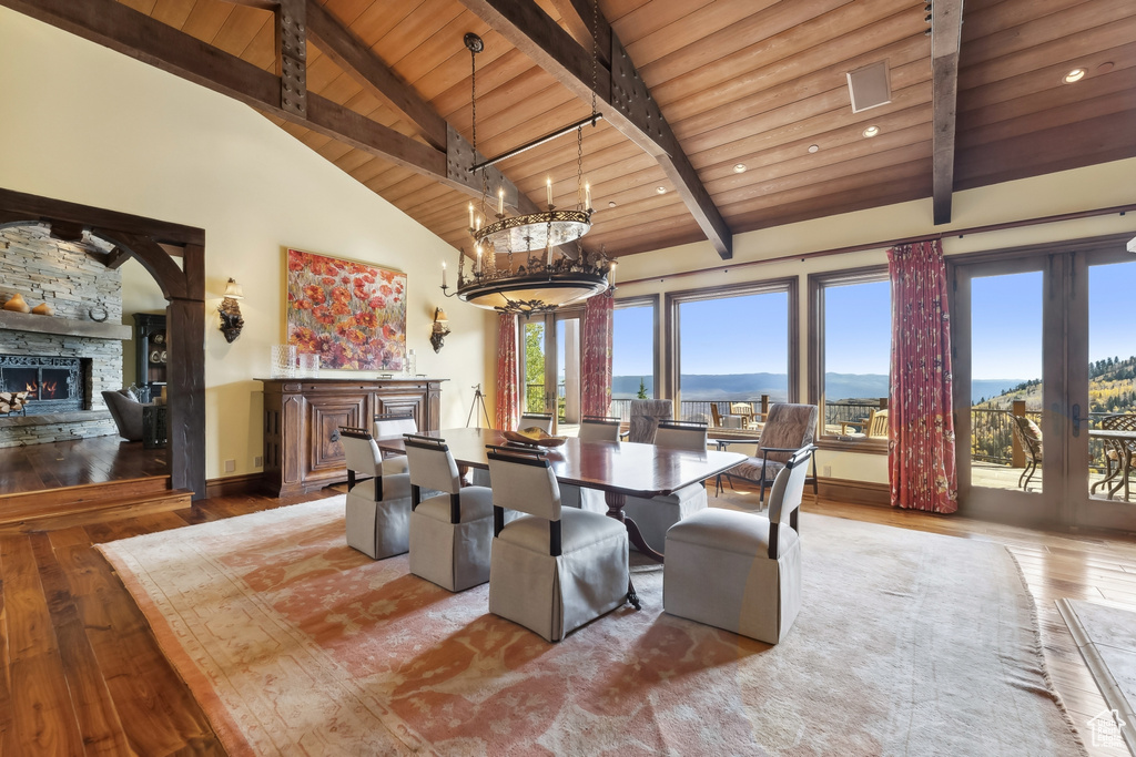 Dining room featuring wood ceiling, high vaulted ceiling, wood-type flooring, and beam ceiling