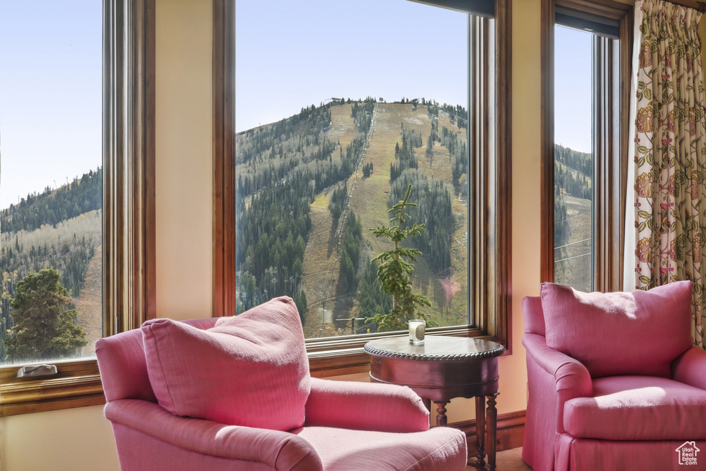 Sitting room with a mountain view