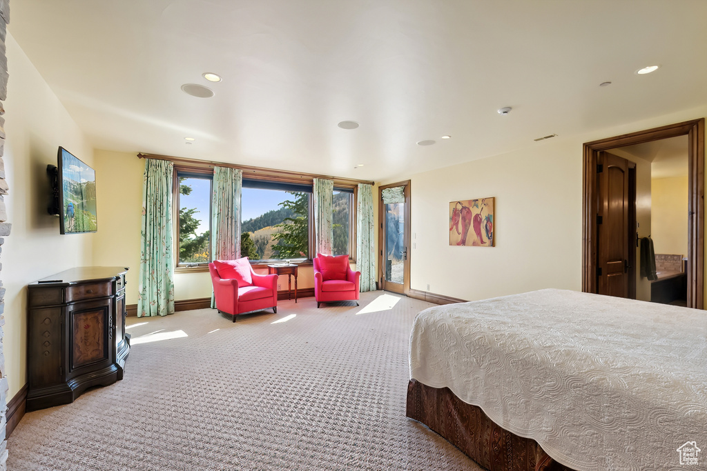 Bedroom with light colored carpet