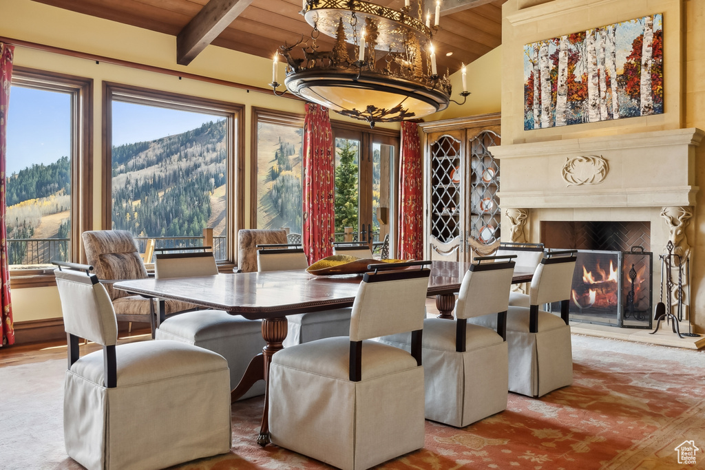 Dining room featuring a mountain view, lofted ceiling with beams, and wooden ceiling