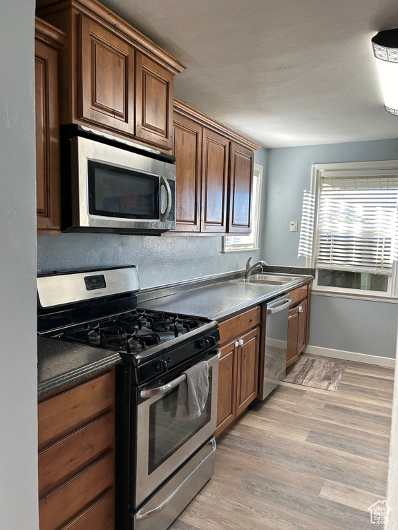 Kitchen featuring sink, appliances with stainless steel finishes, and light hardwood / wood-style floors