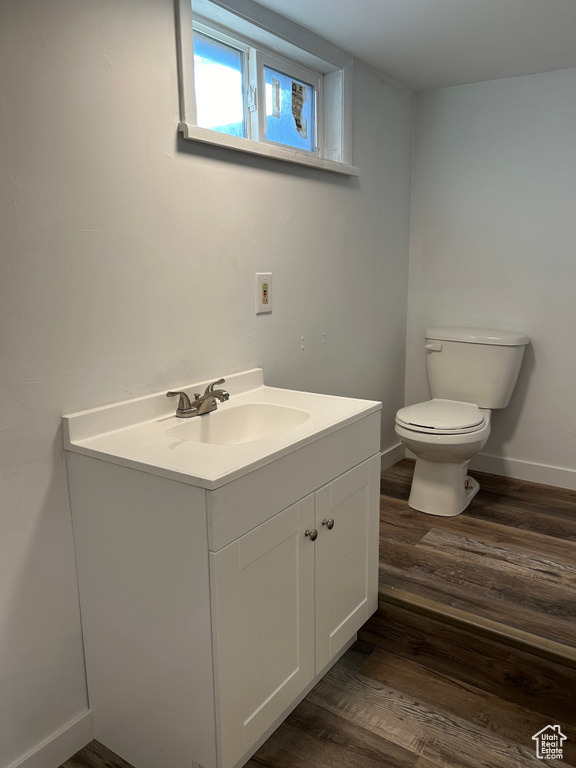 Bathroom with vanity, toilet, and wood-type flooring