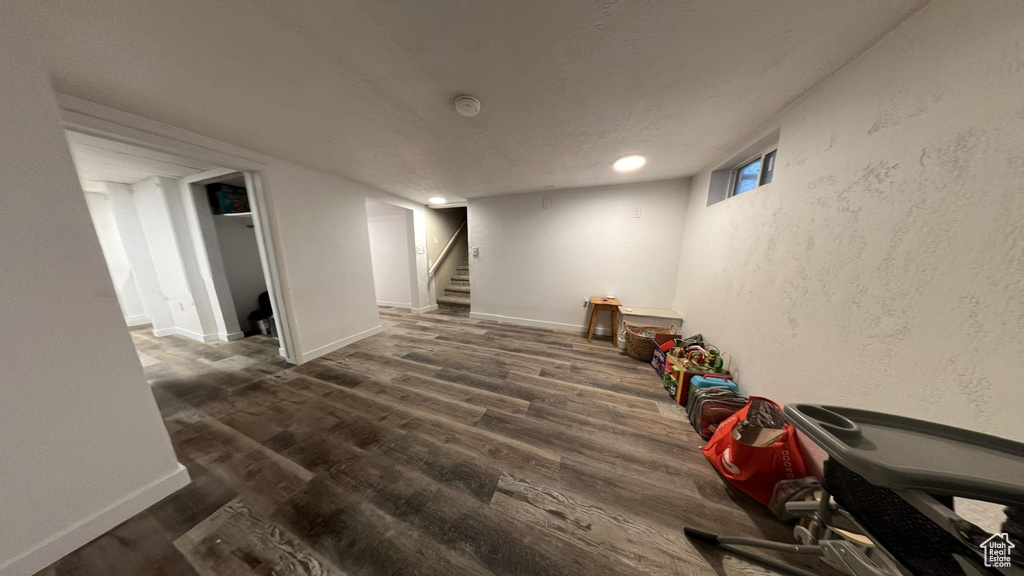 Basement with dark hardwood / wood-style floors