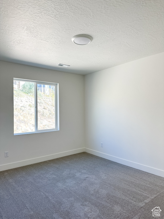 Carpeted empty room featuring a textured ceiling