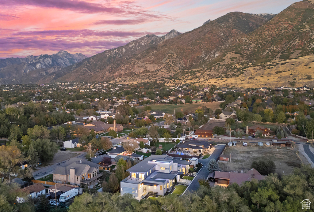 Aerial view at dusk with a mountain view