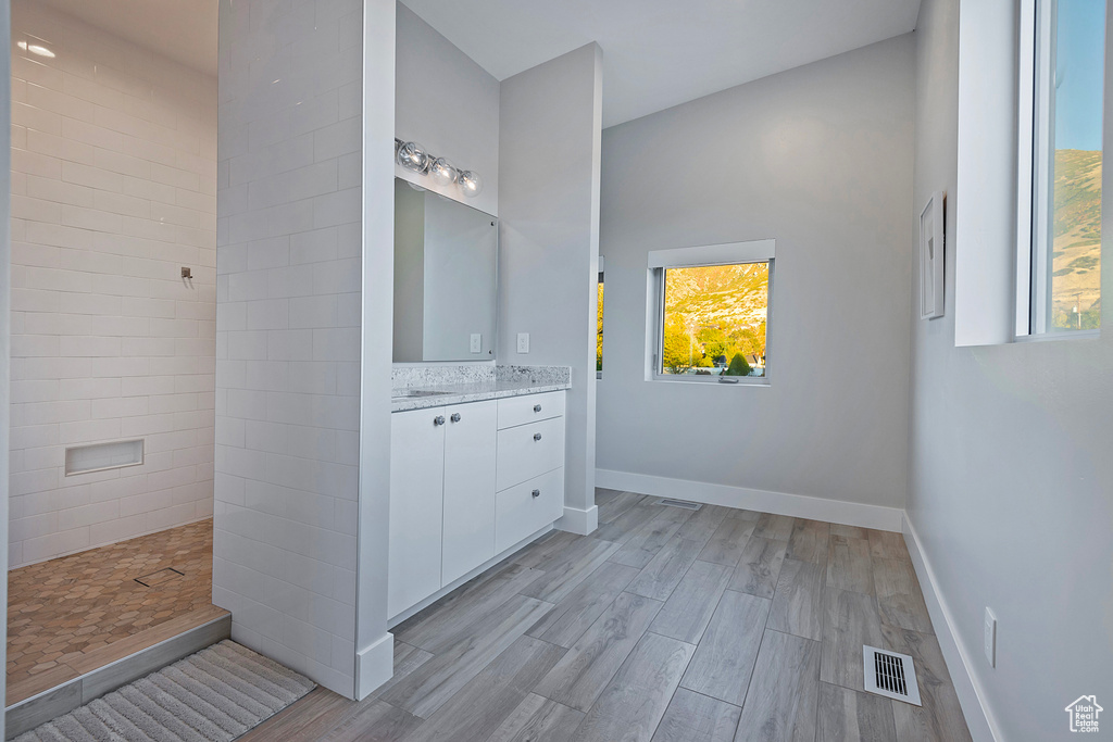 Bathroom featuring vanity, tiled shower, wood-type flooring, and a wealth of natural light