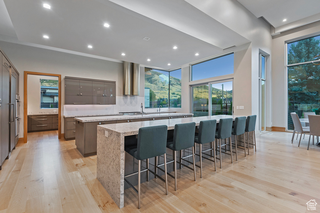 Kitchen featuring tasteful backsplash, light stone countertops, a large island, light hardwood / wood-style floors, and a breakfast bar