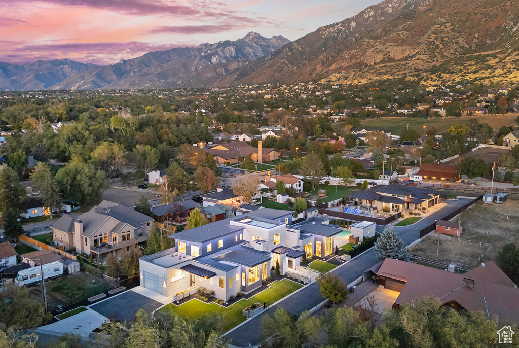 Aerial view at dusk with a mountain view