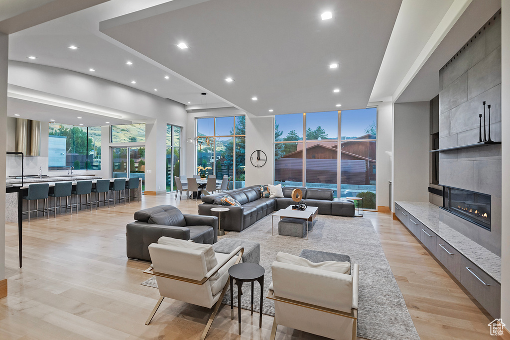 Living room with light hardwood / wood-style flooring and a large fireplace