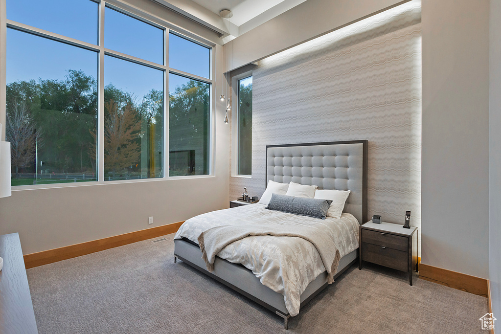 Carpeted bedroom featuring multiple windows