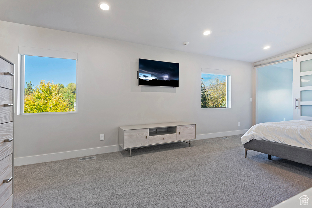 Carpeted bedroom with a barn door