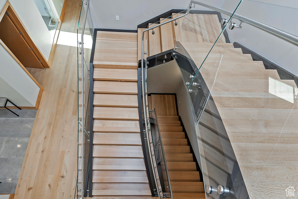 Stairs with hardwood / wood-style flooring