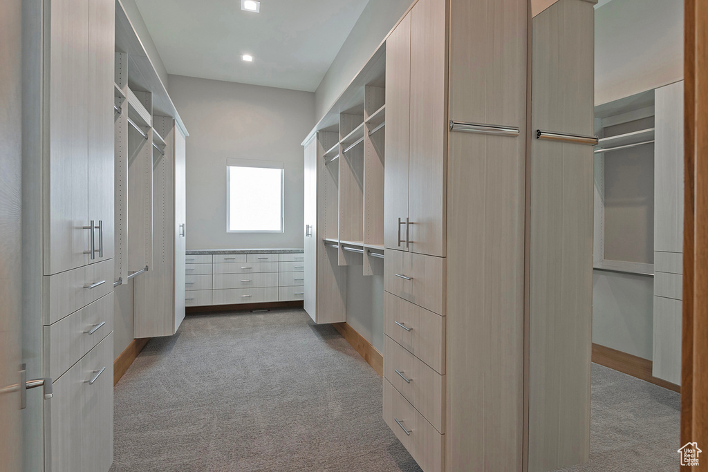 Walk in closet with light carpet