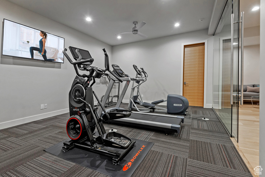 Workout area with ceiling fan