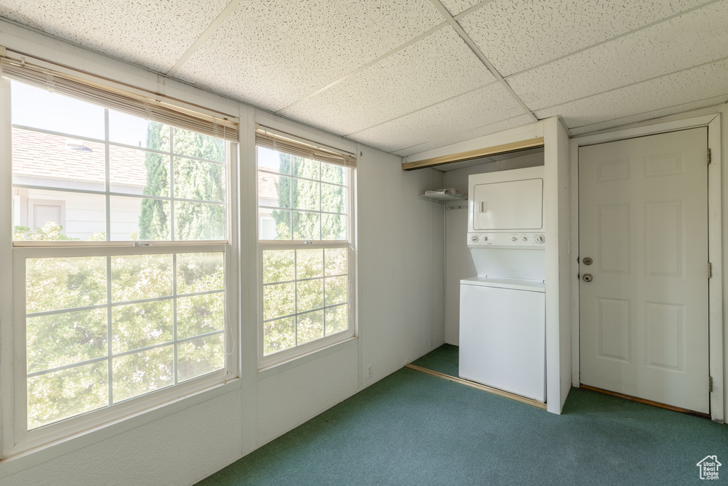 Laundry room with stacked washer / drying machine and carpet