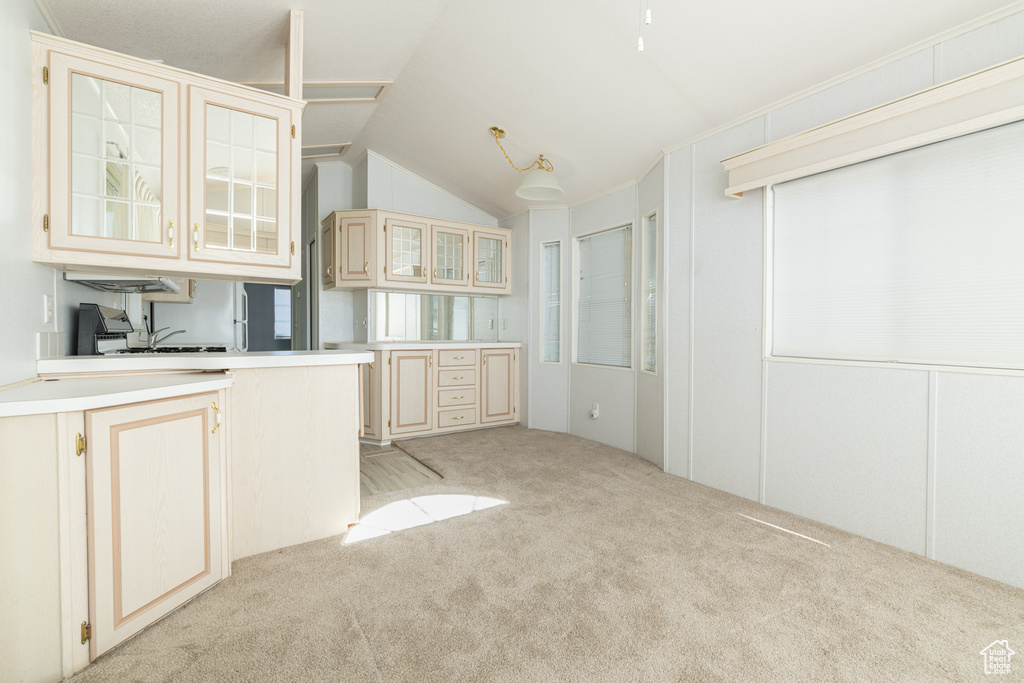 Kitchen featuring sink, vaulted ceiling, and light colored carpet