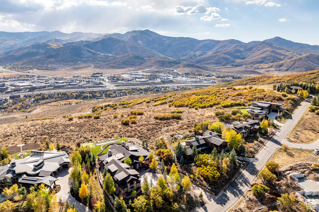 Aerial perspective of suburban area with a mountain backdrop