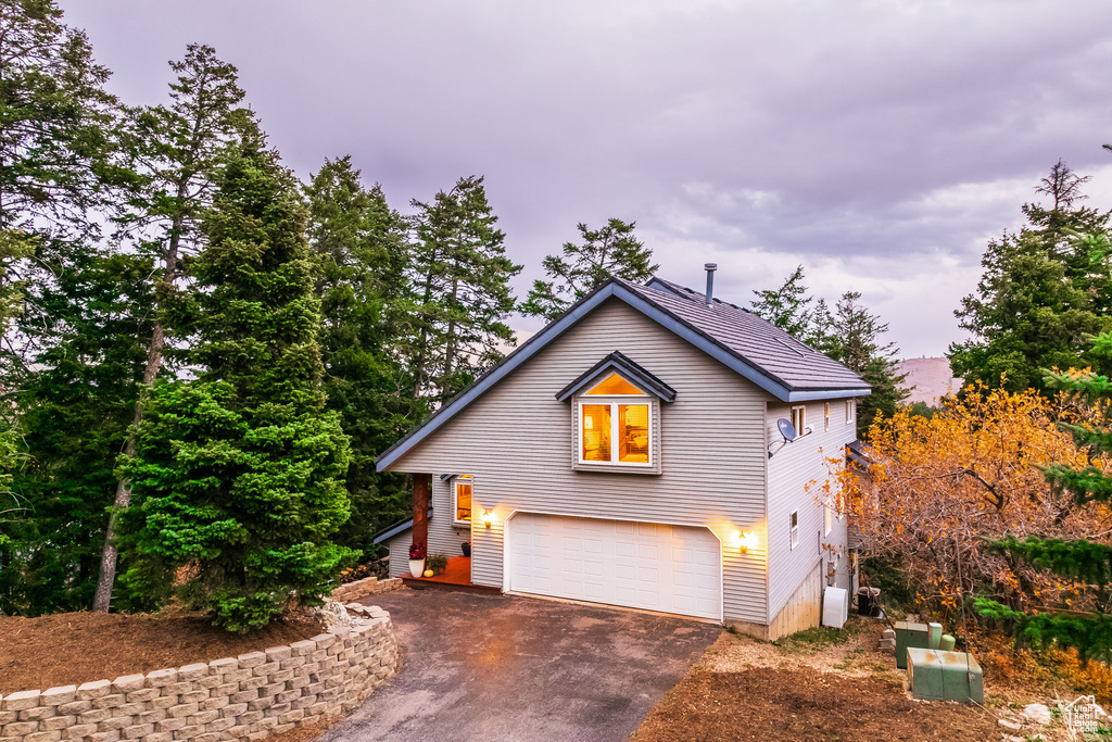Exterior space with a garage