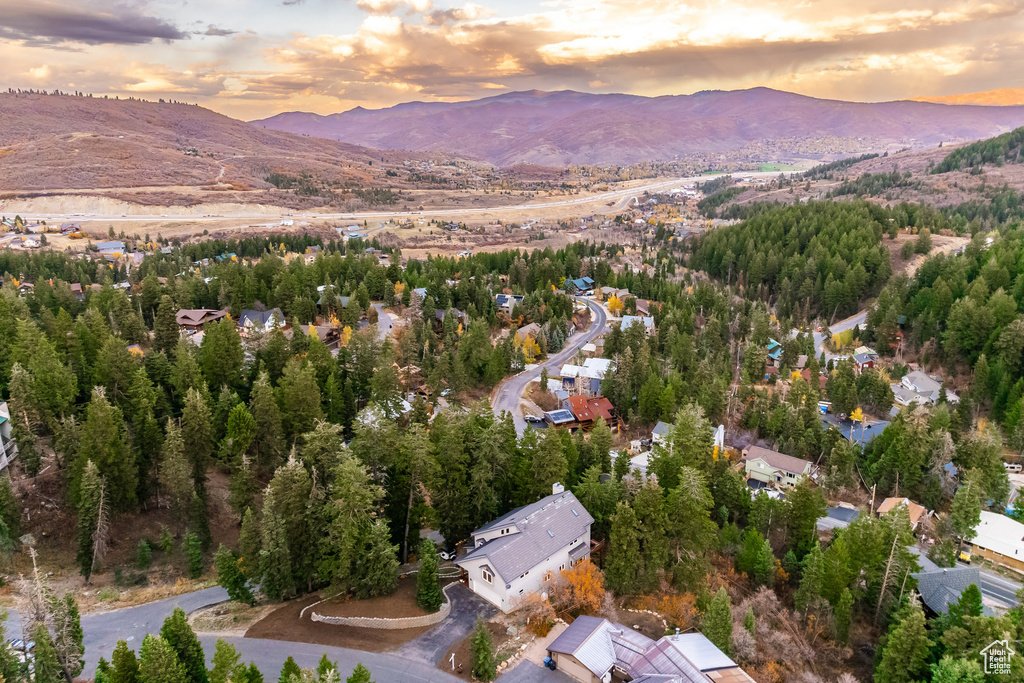 Aerial view at dusk with a mountain view