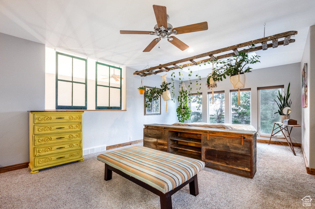 Living area featuring carpet flooring and ceiling fan